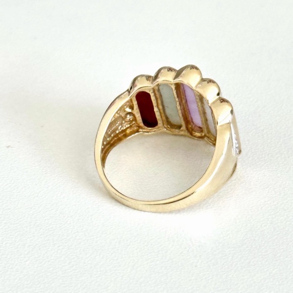 14K Yellow Gold Multi Color Jade Graduated Pillar Diamond Accent Ring Size 7 - Picture 4 of 6